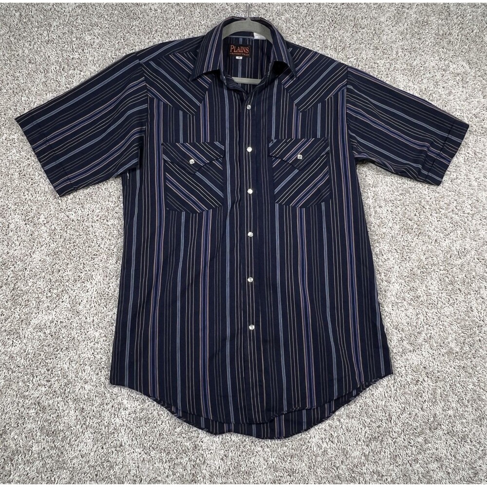 Plains Western Wear Short Sleeve Pearl Snap Shirt Mens S Navy Striped Cowboy